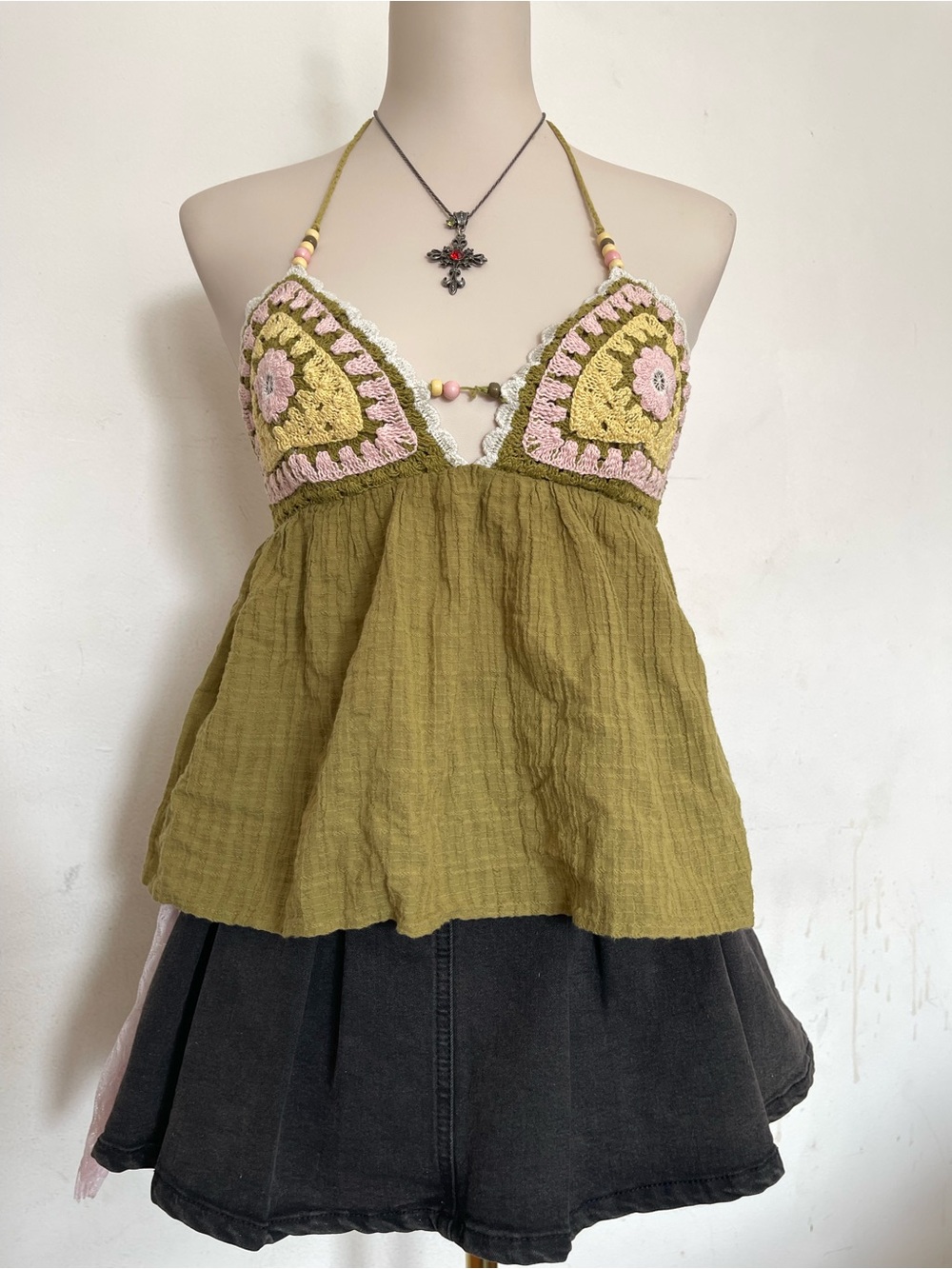 zara Olive Green Crochet Halter Babydoll Top